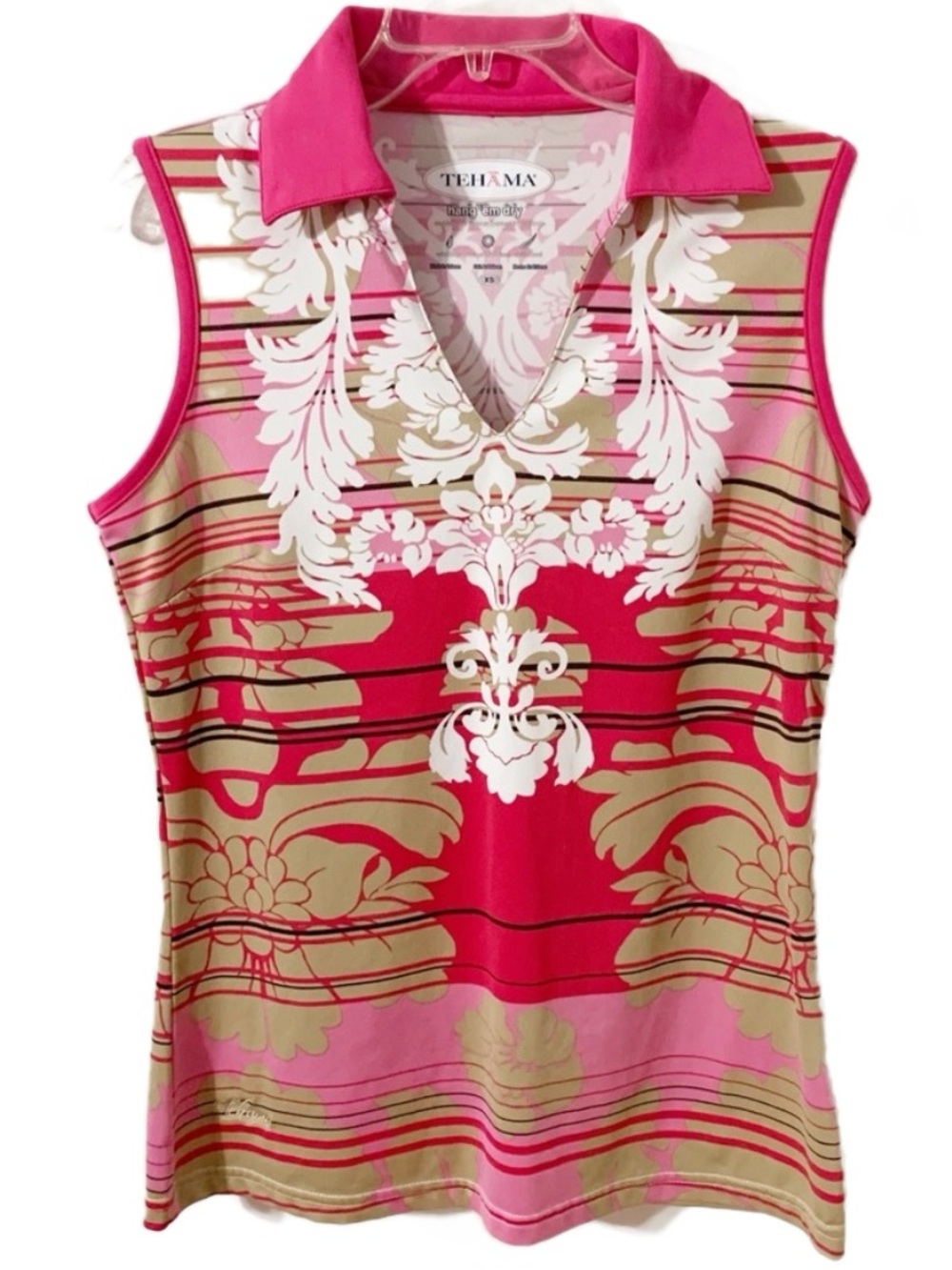 Tehama Multicolored Collared Sleeveless Golf Shirt Striped Pattern Ornate Design